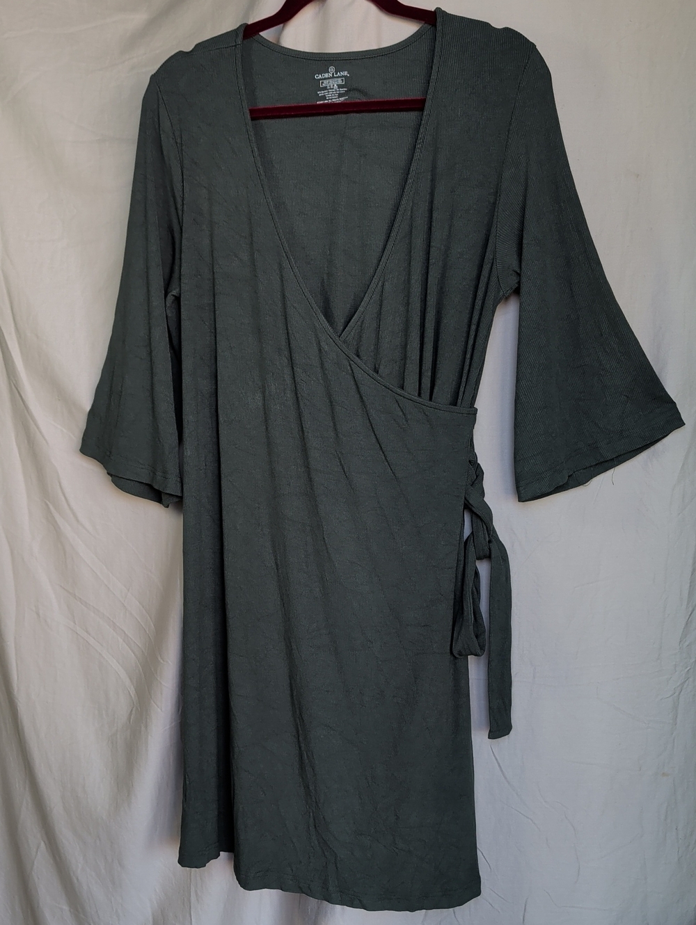 Caden Lane Olive Green Ribbed Fabric Top with Burgundy Velvet Trim Wrap Dress